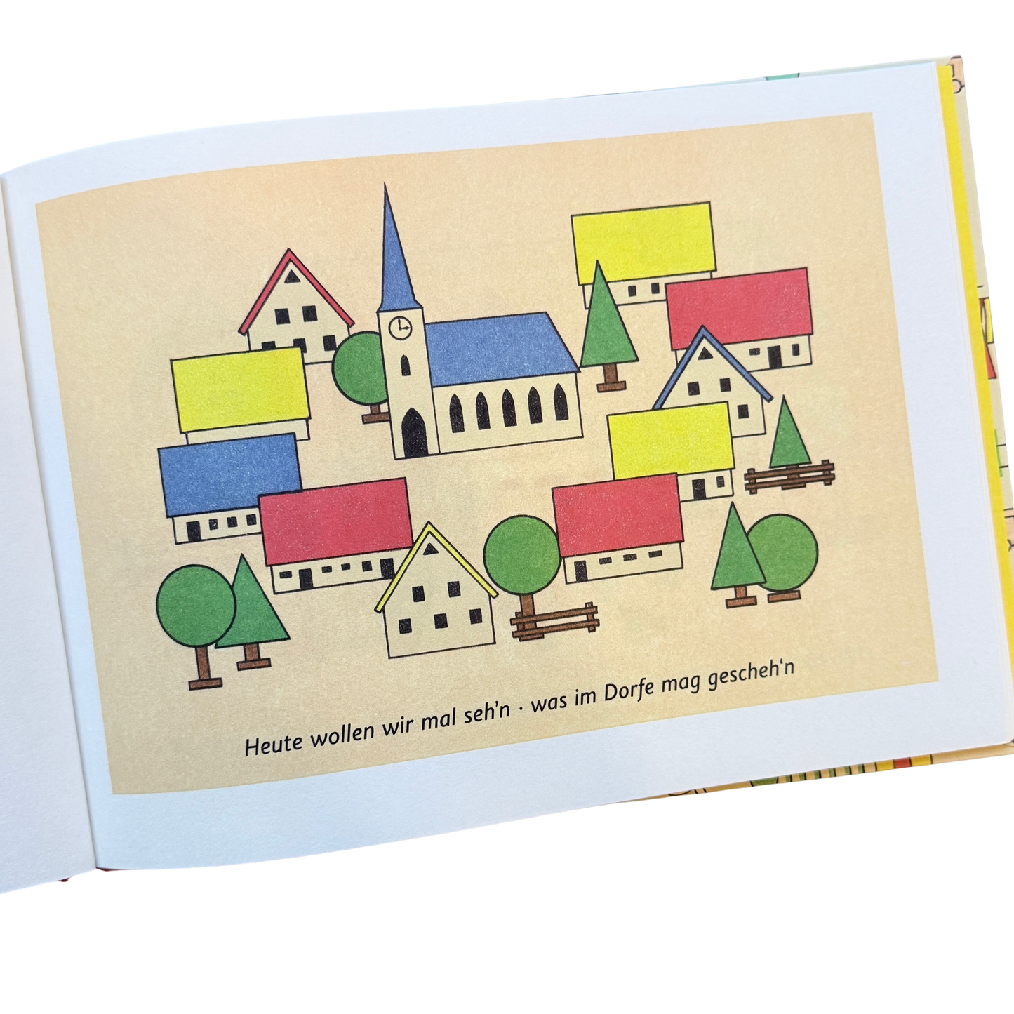Kinderbuch - das bunte Spielzeugdorf - Seite mit erzgebirgischen Spielsachen. Holzhäuser und Bäume.