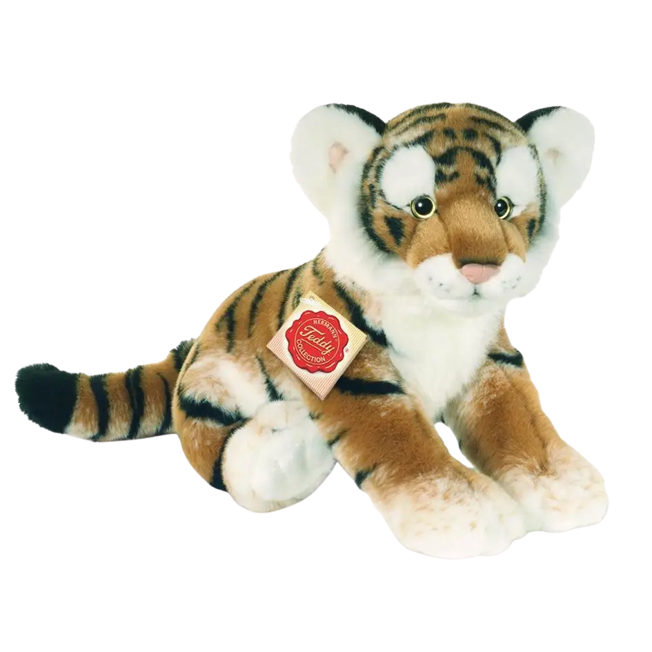 Tiger Kuscheltier in Hellbraun mit weißen Tatzen und schwarzen Streifen.