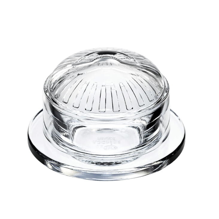 Butterdose aus Glas. Zweiteilig, rund und mit Streifenmotiv auf dem Glasdeckel.