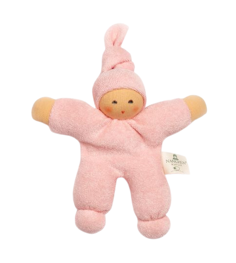kleine rosa stoffpuppe pimpel aus frottee mit zipfelmuetze