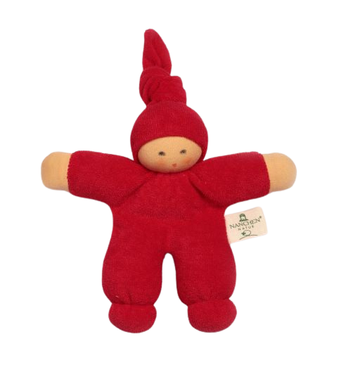 kleine rote stoffpuppe pimpel aus frottee mit einer zipfelmütze