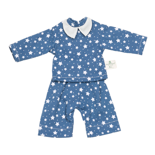 blauer zweiteiliger schlafanzug fuer stoffpuppen mit sternchen drauf und weißem kragen