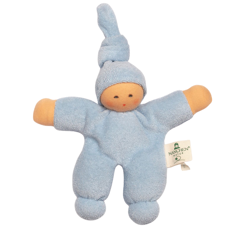 kleine stoffpuppe pimpel in hellblau mit zipfelmütze