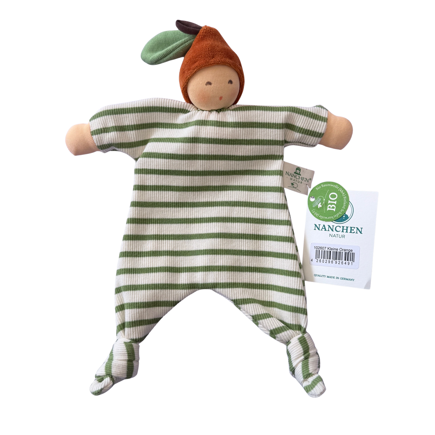 Schmusetuch gestreift mit einem kleinen Orangenköpfchen mit Rassel.