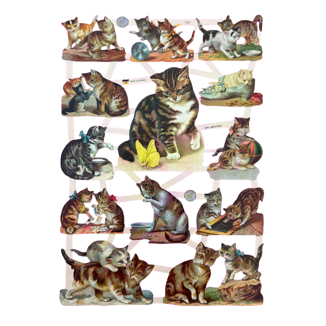 Lackbilder Bogen aus gestanztem Papier mit verschiedenen Katzen.