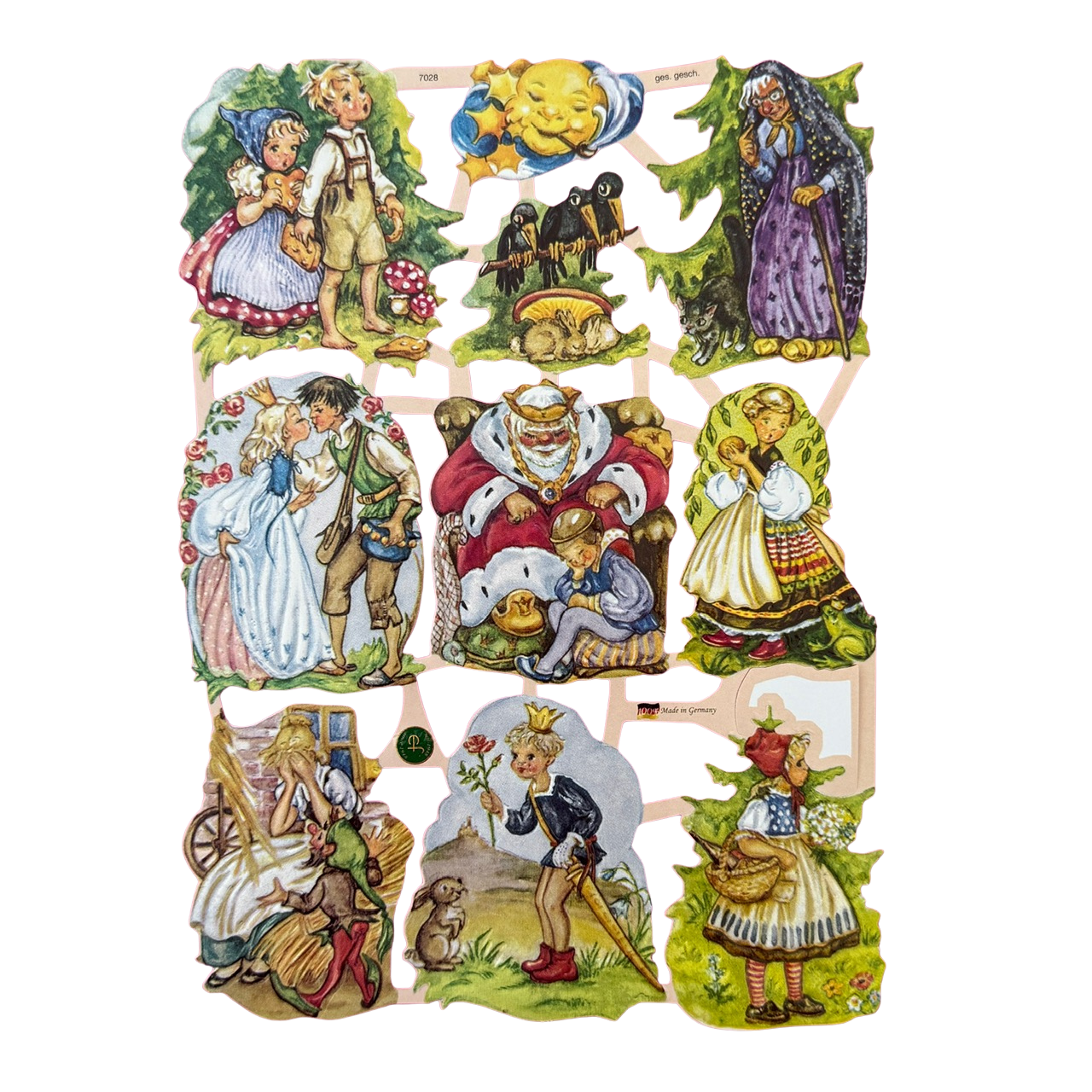 Nostalgische Lackbilder aus gestanztem Papier mit Märchenmotiven.