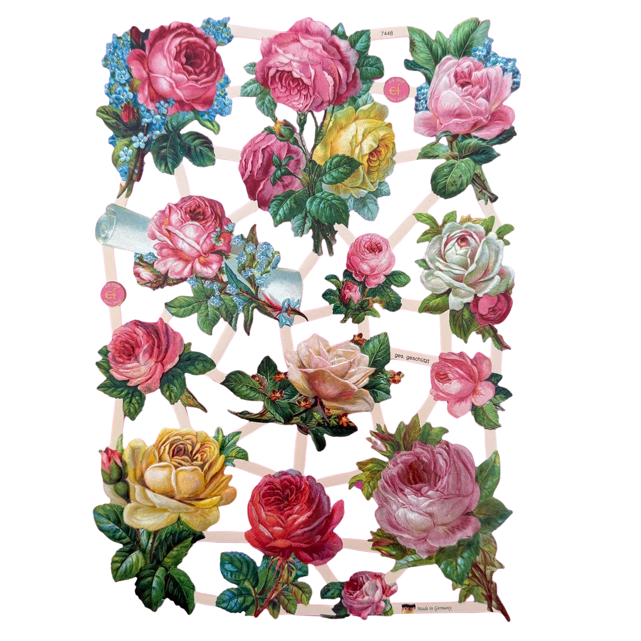 Lackbilder aus gestanztem Papier mit Rosenmotiven.