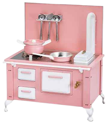 kleiner puppenherd in rosa mit weißen details und rosa topf und rosa pfanne für die puppenkueche zum kochen