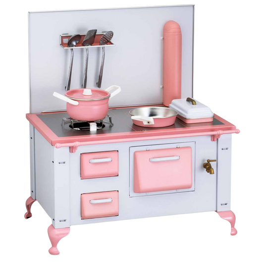 kleiner puppenherd in weiß mit rosa details und rosa topf und rosa pfanne für die puppenkueche zum kochen