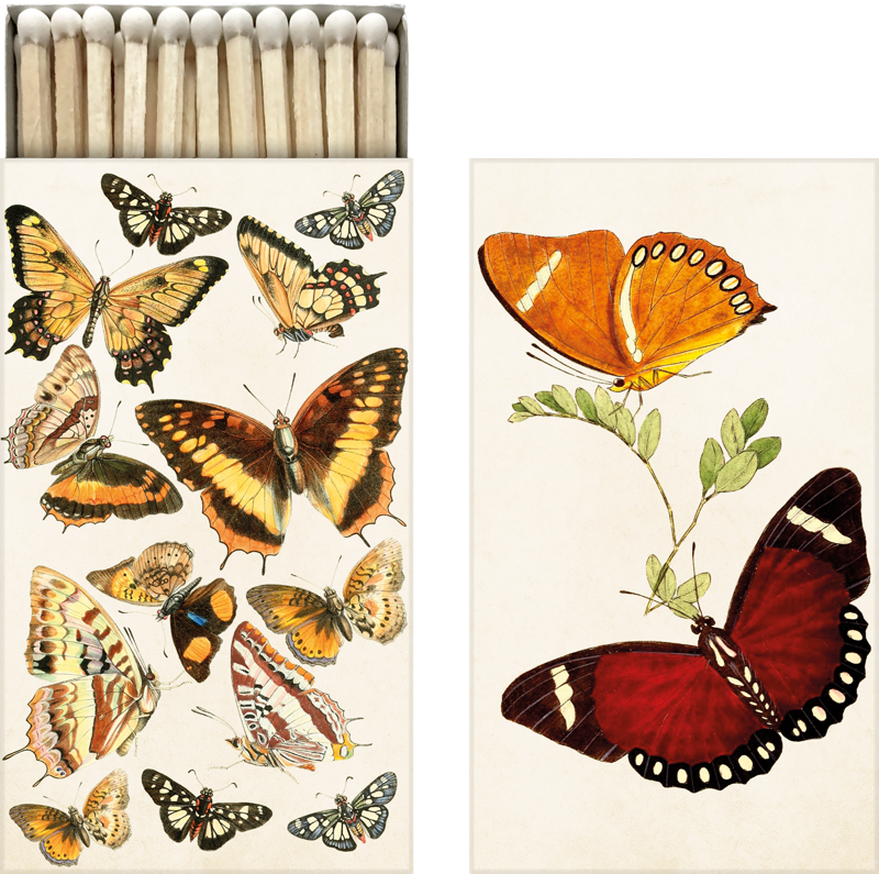 Streichholzschachtel mit Schmetterlingsmotiven.