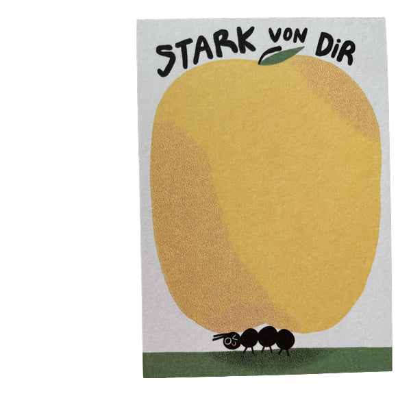 Strak von Dir Notizblock mit einem großen gelben Apfel zum Beschriften und einer kleinen Armeise darunter.