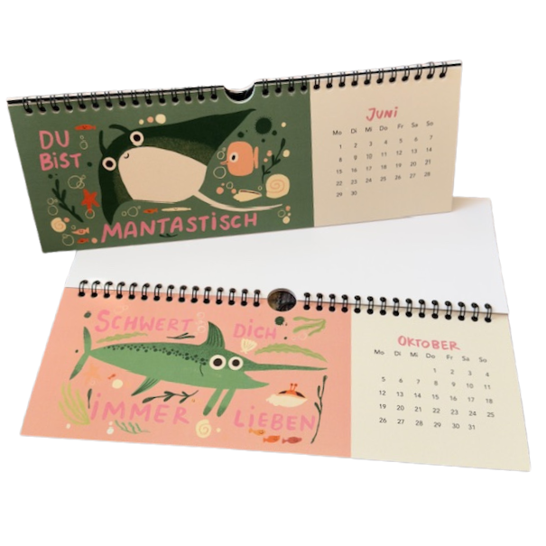 Bunter und lustiger Tischkalender 2026 mit gezeichneten Unterwassertieren und witzigen Sprüchen.