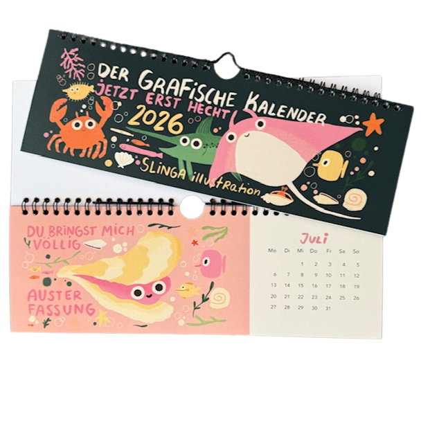 Bunter und lustiger Tischkalender 2026 mit gezeichneten Unterwassertieren und witzigen Sprüchen.