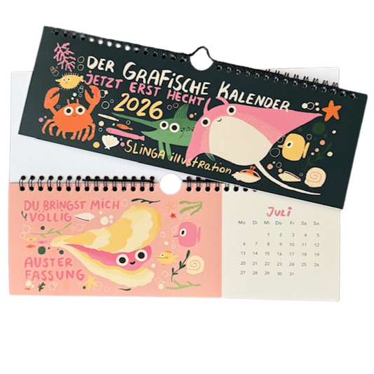 Bunter und lustiger Tischkalender 2026 mit gezeichneten Unterwassertieren und witzigen Sprüchen.