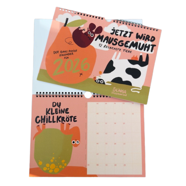 Bunter Wandkalender mit lustig illustrierten Tiermotiven zum mausruhen und ausmuhen.