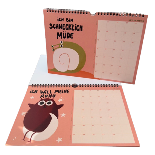 Bunter Wandkalender mit lustig illustrierten Tiermotiven zum mausruhen und ausmuhen.