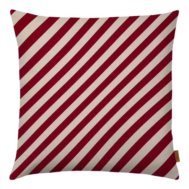 Kissenbezug aus Samt mit rot - weißen diagonalen Streifen.