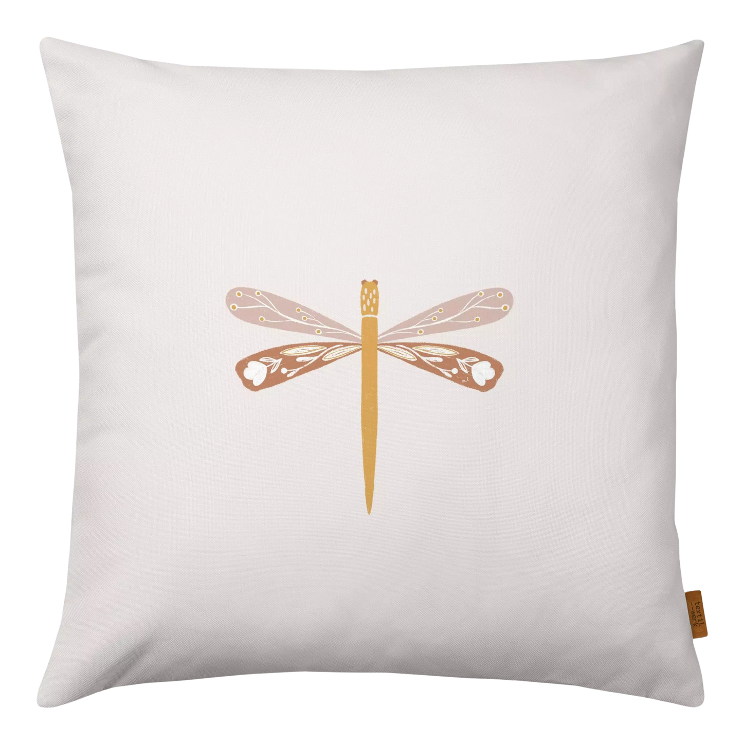 Helles Dekokissen aus Velours mit einer dezenten Libelle darauf.