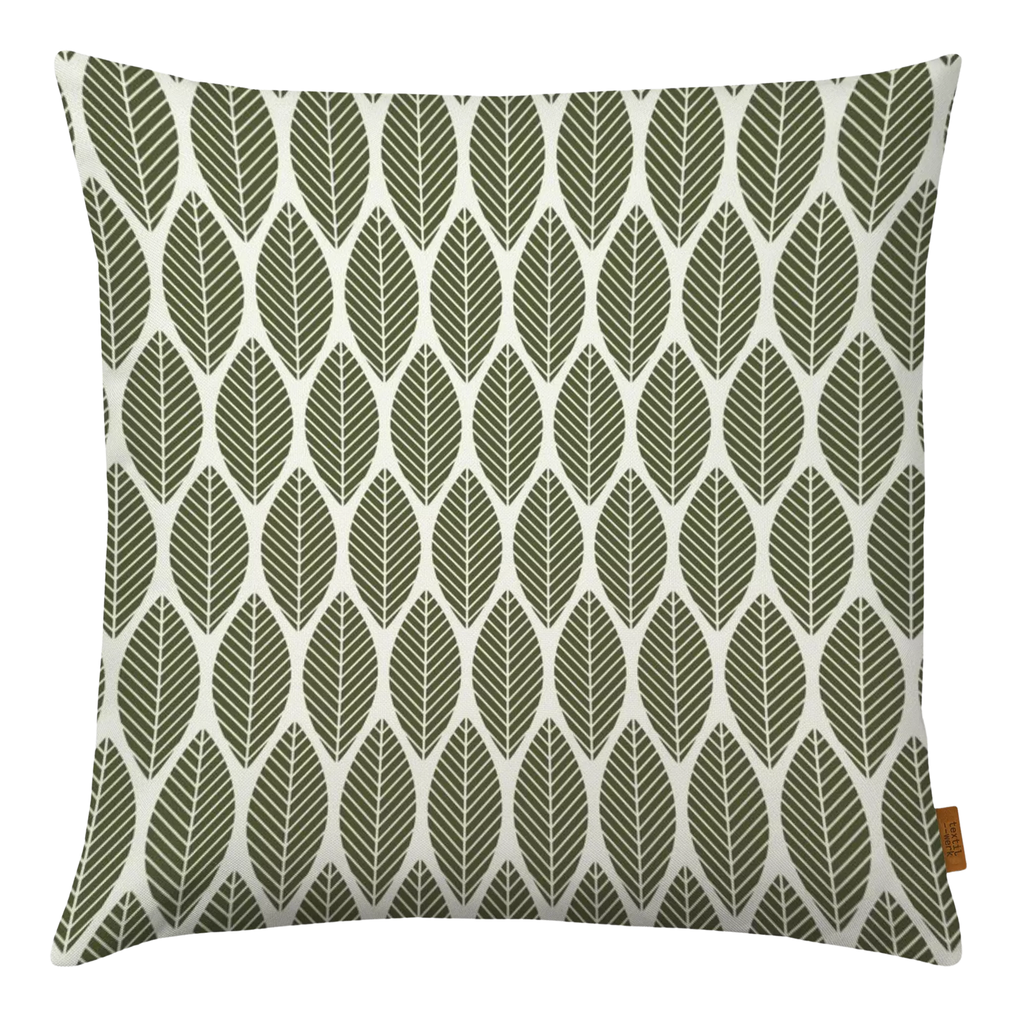 Ein Kissenbezug aus Velours in beige mit vielen kleinen grünen Palmenblättern darauf.