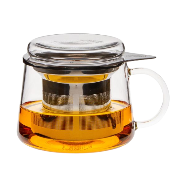 Teeglas mit Edelstahlsieb und Deckel als Siebteller.