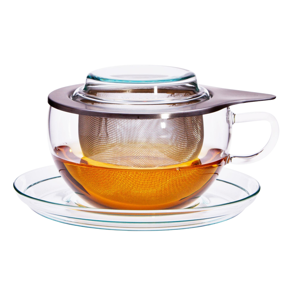 Teetasse aus Jenaer Glas mit einem Dauerfilter aus Edelstahl und einem Glasdeckel.