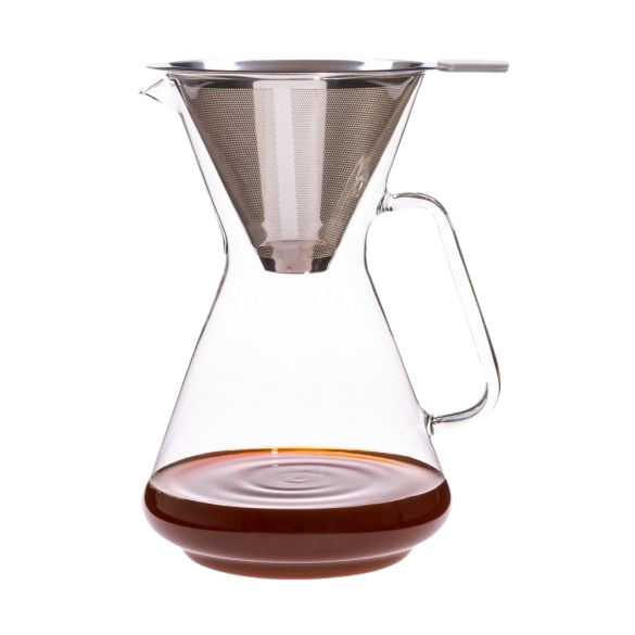 Ein Kaffeebereiter aus Glas mit Dauerfilter aus Edelstahl zum Rausnehmen.