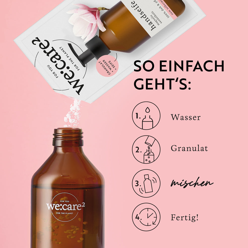 Beschreibung zum Anrühren von Seife mit Glasflasche im Geschenkset.