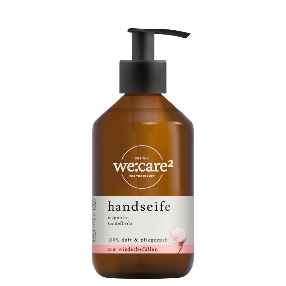 Handseife Magnolie, Sandelholz in einer braunen Pumpflasche.