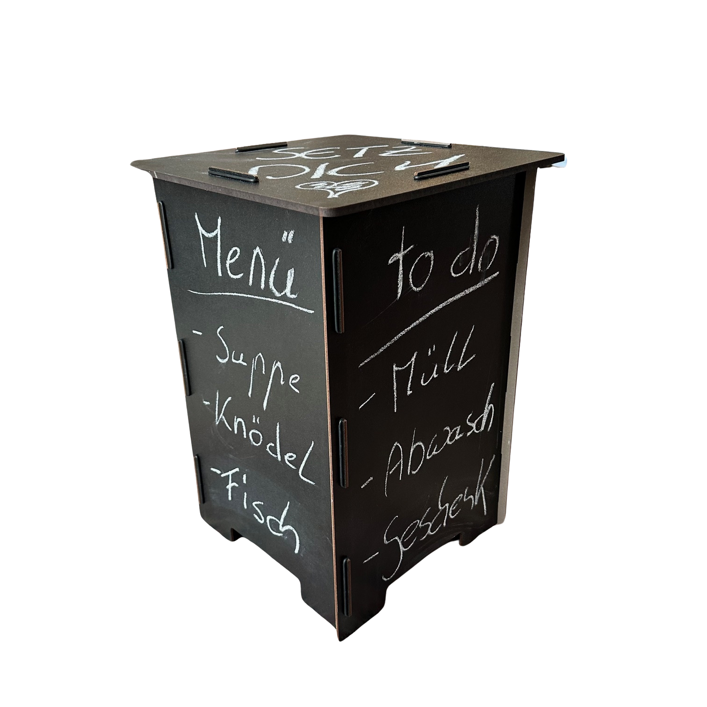 ein hocker schwarz aus holz als tafel zum gestalten