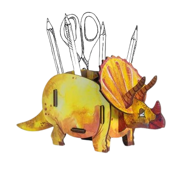 Stiftebox als Triceratops aus MDF in Gelb und Braun.