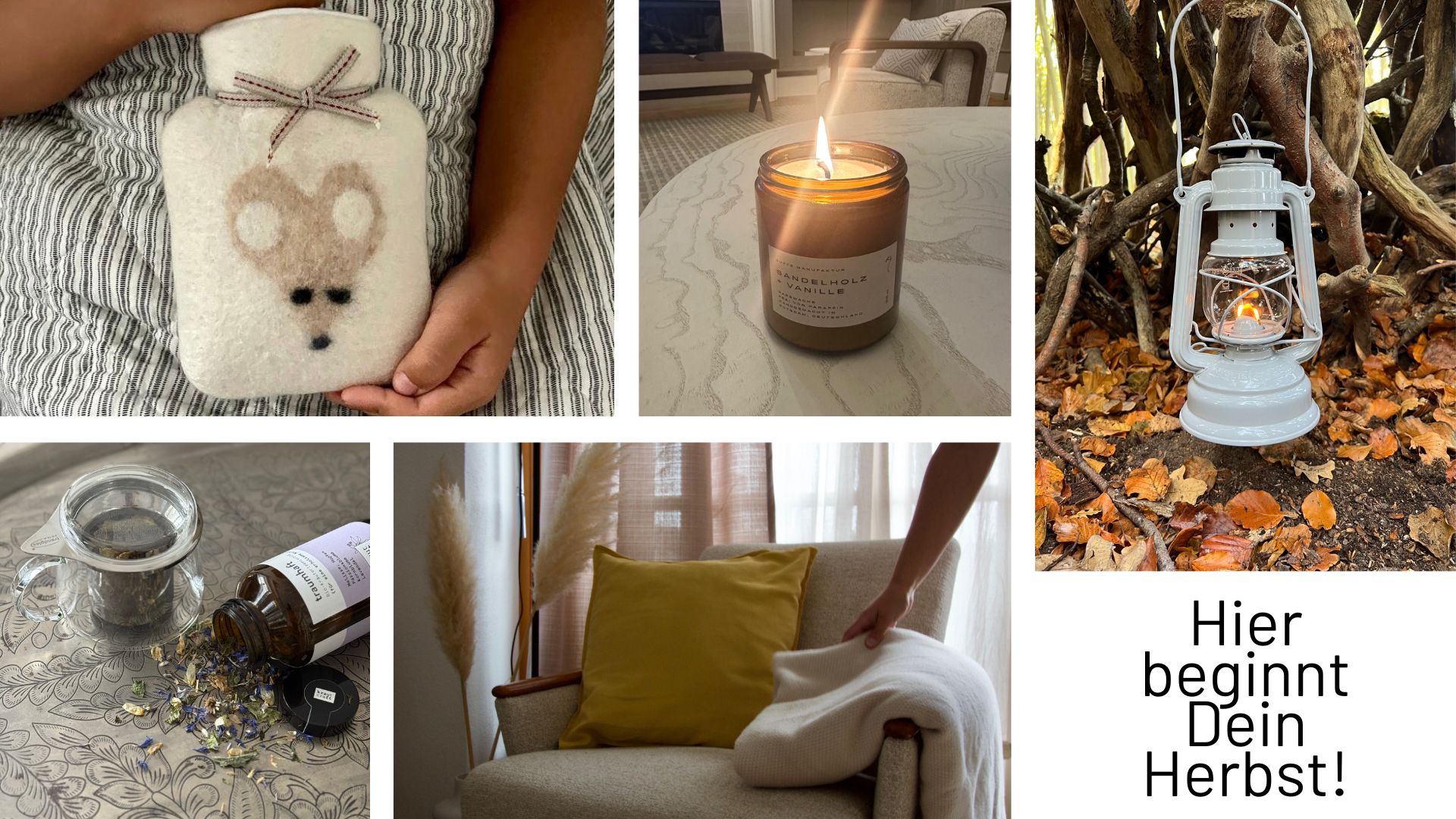 Collage mit herbstlichen Motiven.
Duftkerzen, Baumwolldecken, Waermflaschen, Tee, Teegläser und Laternen.
