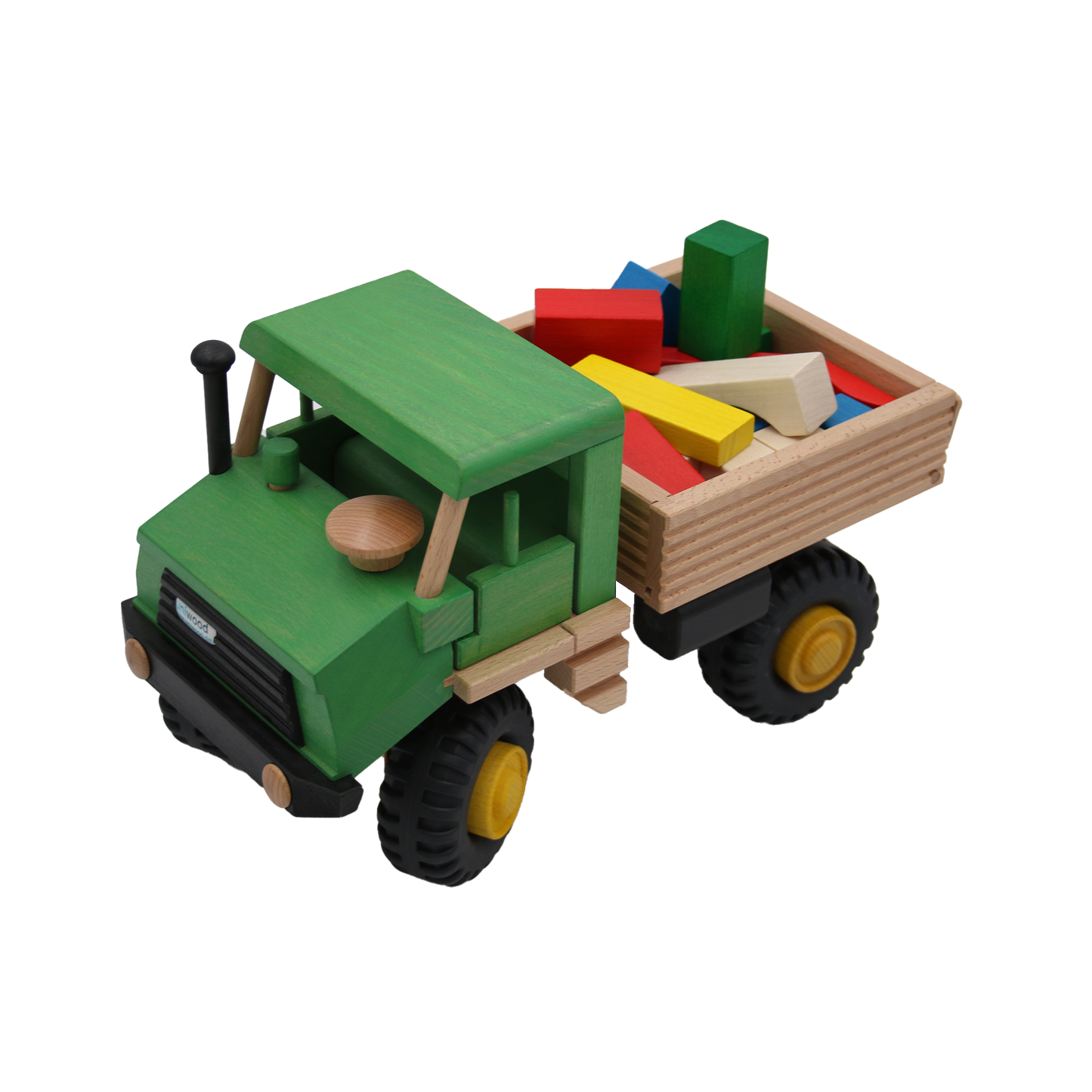 großes holzauto gruener kipper mit bunten bausteinen zum kippen