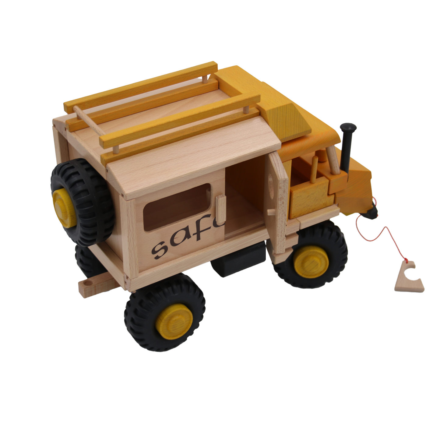 großes holzauto gelb safari mit ersatzrad abschleppseil und schlafkabine