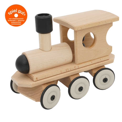 Eine Lokomotive aus Buchenholz mit sechs Rädern und einem schwarzen Schornstein.