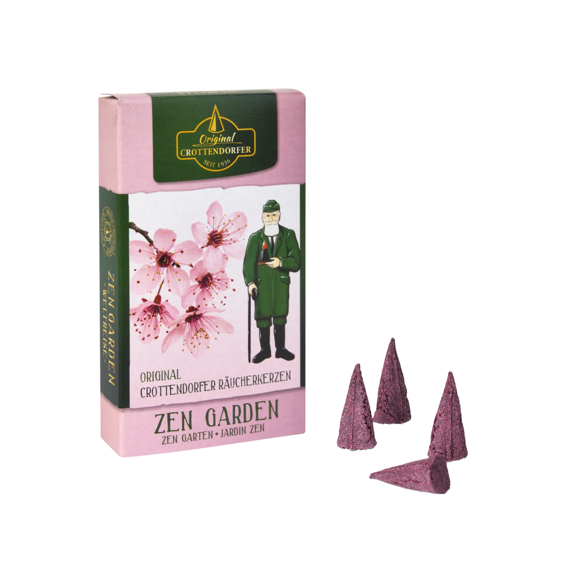 Crottendorfer Räucherkerzen in Zen Garden, einer rosa Verpackung mit einem grünen Räuchermann darauf. 
