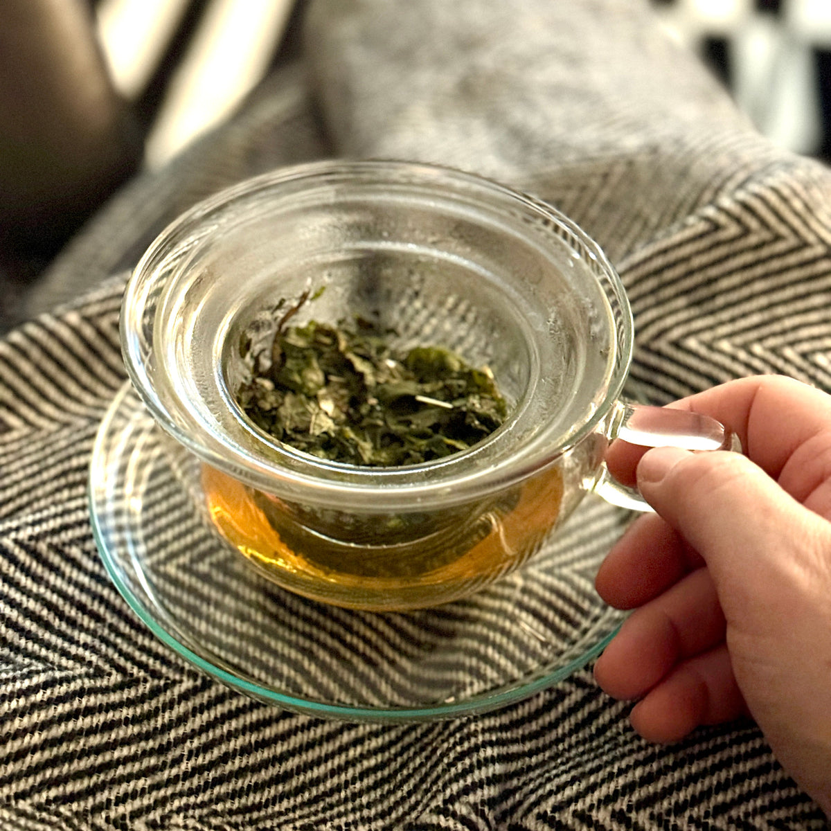 Ein Teeglas mit aufgebrühtem Bio-Kräutertee auf einer Decke. 