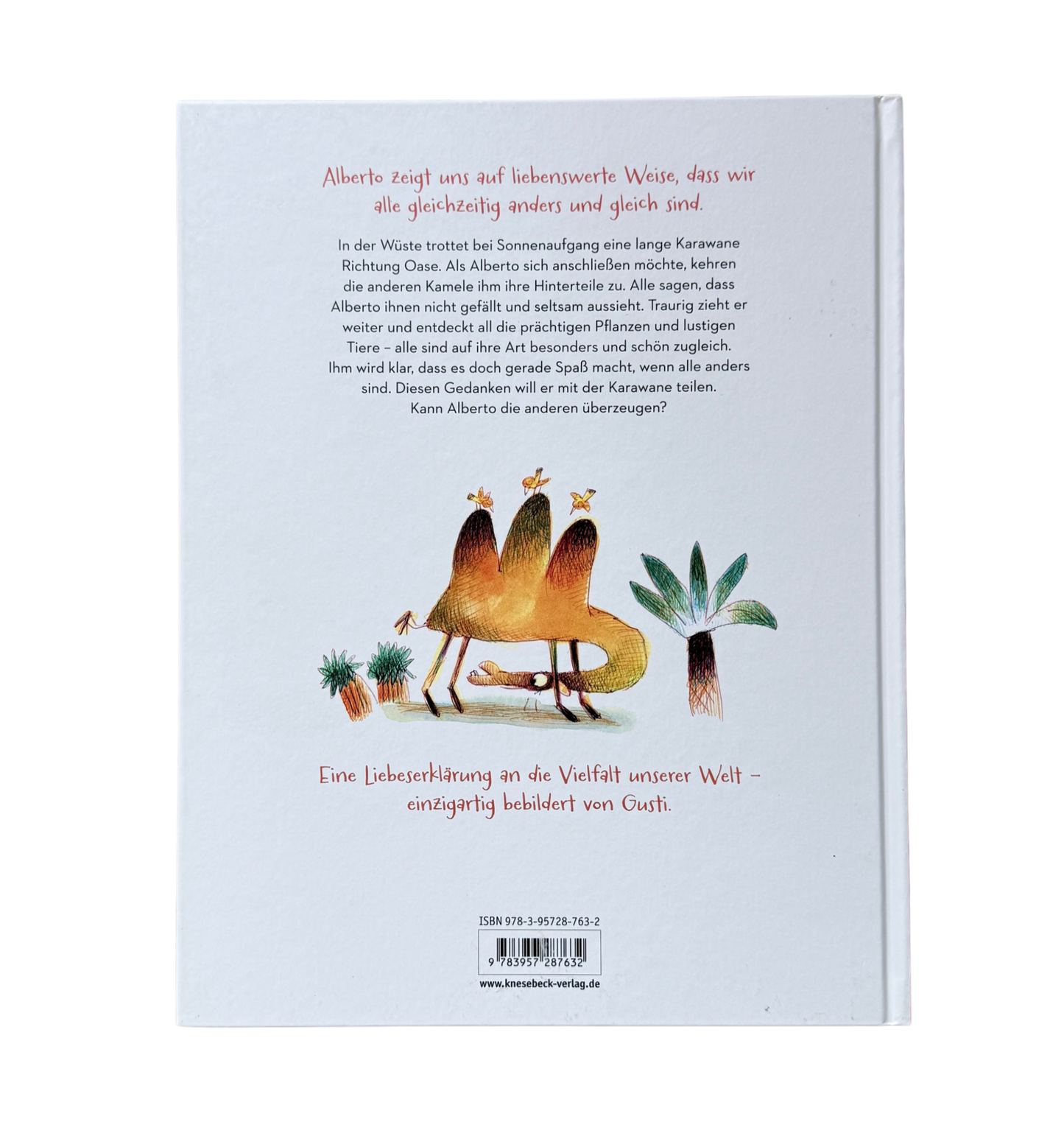 Alberto einfach einzigartig, ein Kinderbuch mit einem Kamel auf dem Cover, welches drei Höcker hat und in der Wüste steht. 