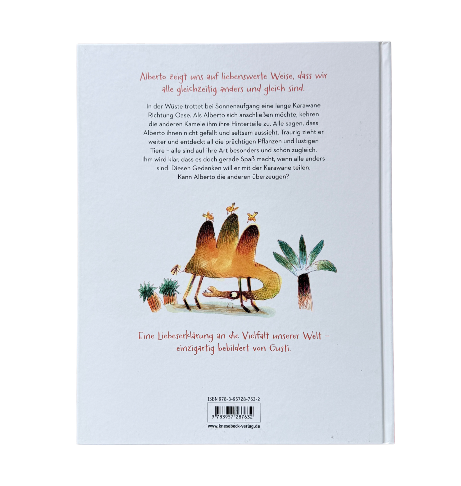 Alberto einfach einzigartig, ein Kinderbuch mit einem Kamel auf dem Cover, welches drei Höcker hat und in der Wüste steht. 