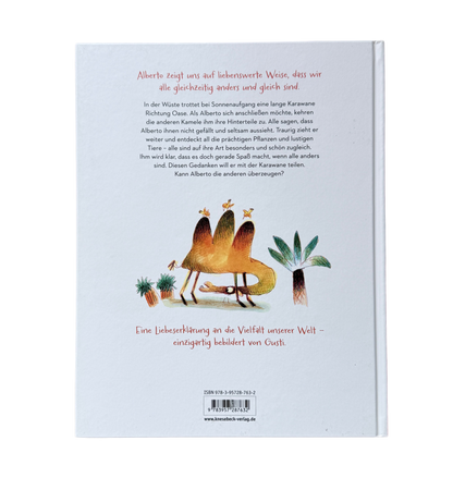 Alberto einfach einzigartig, ein Kinderbuch mit einem Kamel auf dem Cover, welches drei Höcker hat und in der Wüste steht. 