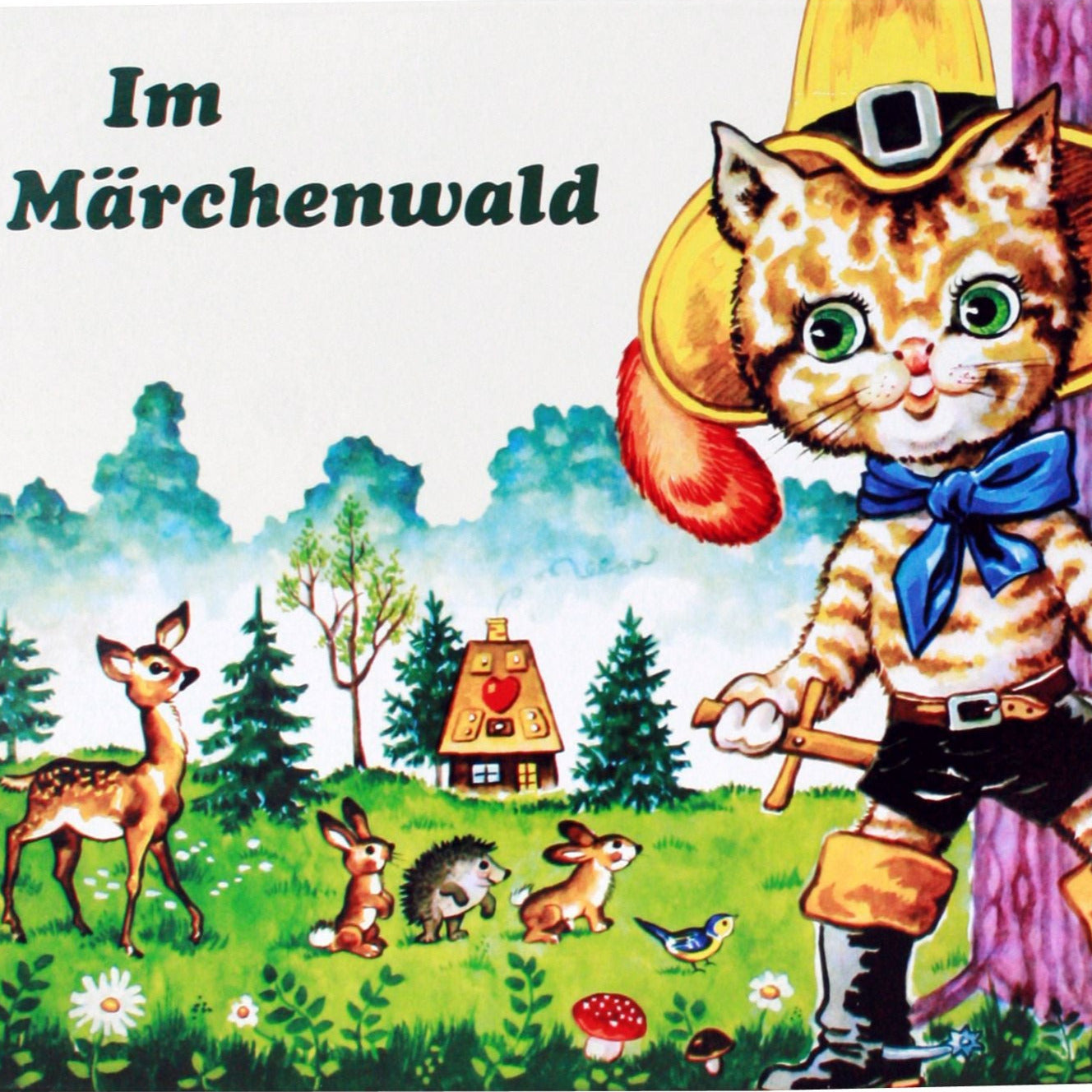 buntes brettspiel aus karton mit gestiefetem kater drauf ueber maerchen