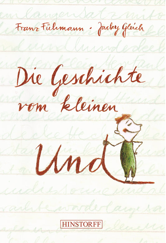 ein gezeichneter lustiger junge haelt sich an einem geschriebenen und fest