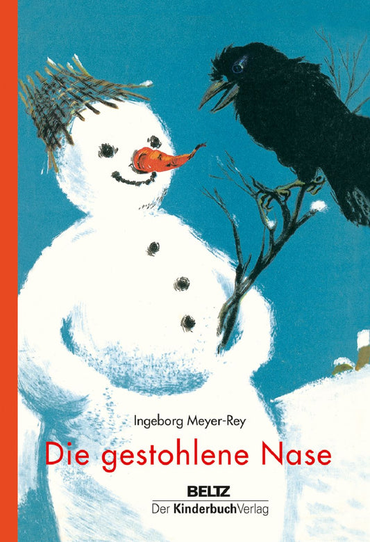 ein gezeichneter schneemann mit einer moehre als nase und einem schwarzen Raben auf seinem besen