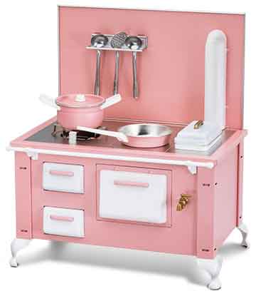 kleiner puppenherd in rosa mit weißen details und rosa topf und rosa pfanne für die puppenkueche zum kochen