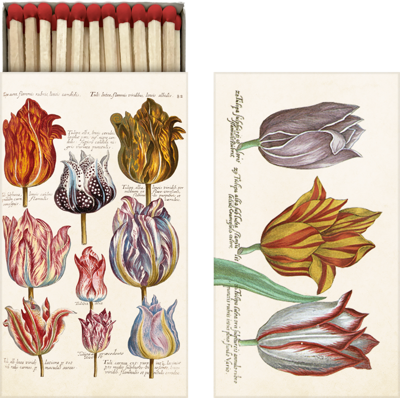 streichholzpackung mit vielen bunten verschiednen tulpenmotiven drauf