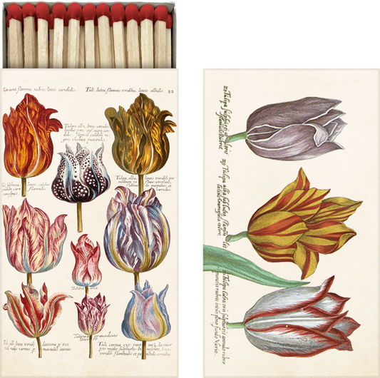 streichholzpackung mit vielen bunten verschiednen tulpenmotiven drauf