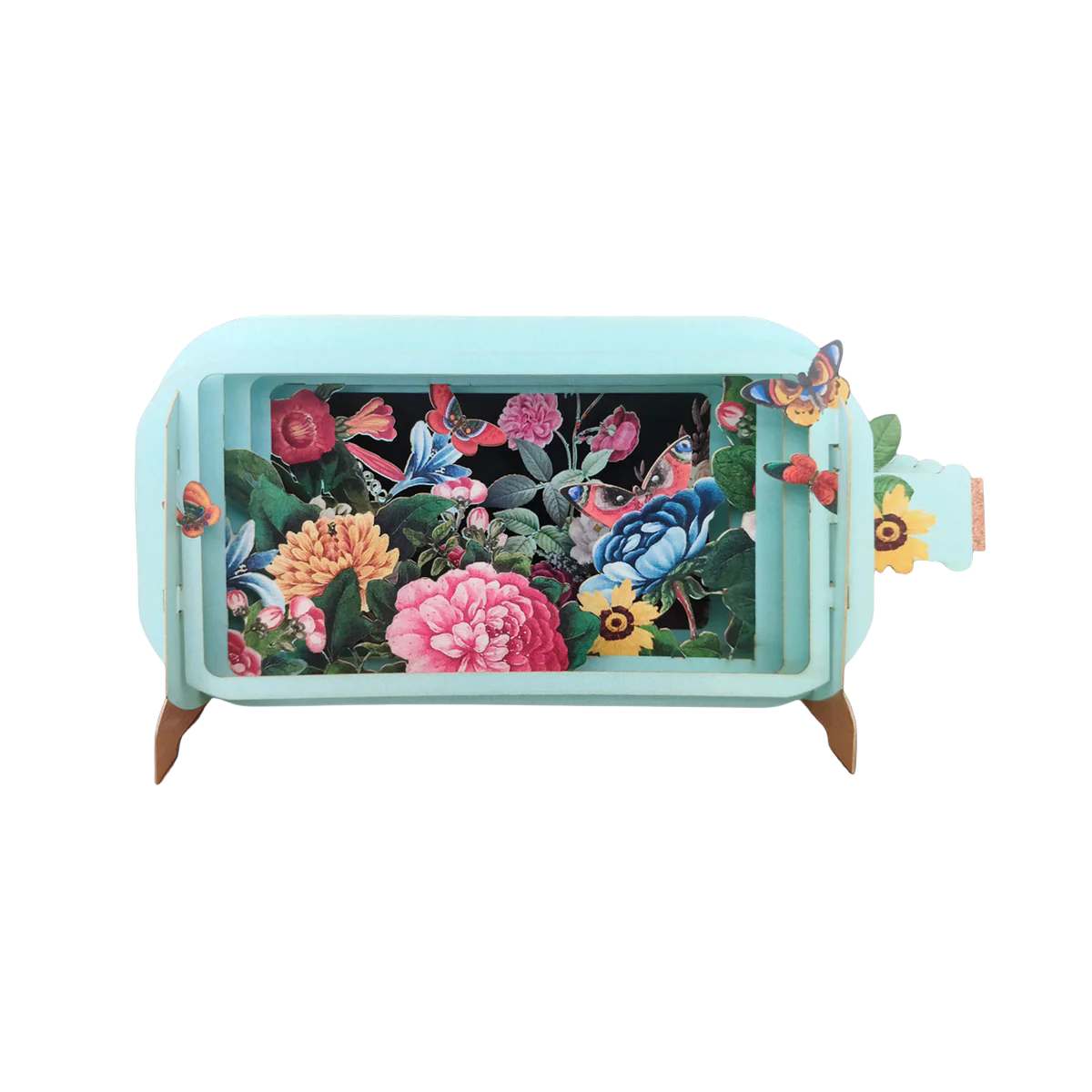 3D-Pop-up-Grußkarte in Flaschenform mit einer Blumenwiese und Schmetterlingen. Zum Aufklappen und auf der Rückseite zum Beschriften. 
