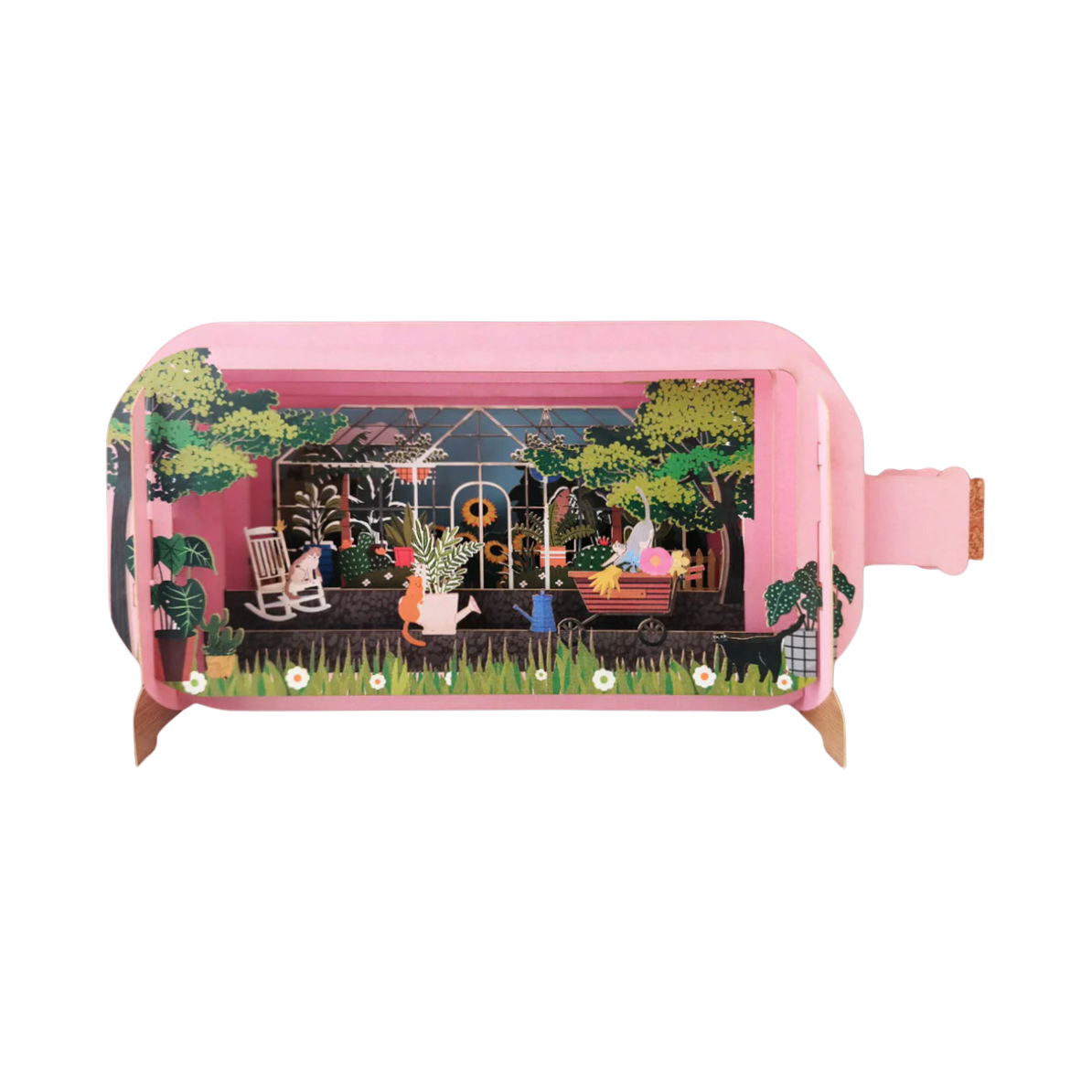 3d-Pop-up-Grußkarten in Flaschenform als Flaschenpost mit einem Gartenhaus und Katzen. Zum Aufklappen und auf der Rückseite zum Beschriften. 