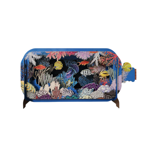 3D Pop-up-Grußkarten in Flaschenform als Flaschenpost mit Muscheln und Korallen im Meer. Zum Aufklappen und zum Beschriften auf der Rückseite. 