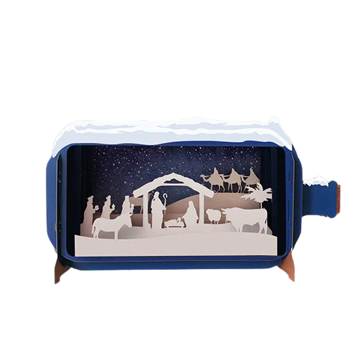 Pop-up Grußkarte mit einem Krippe Motiv.