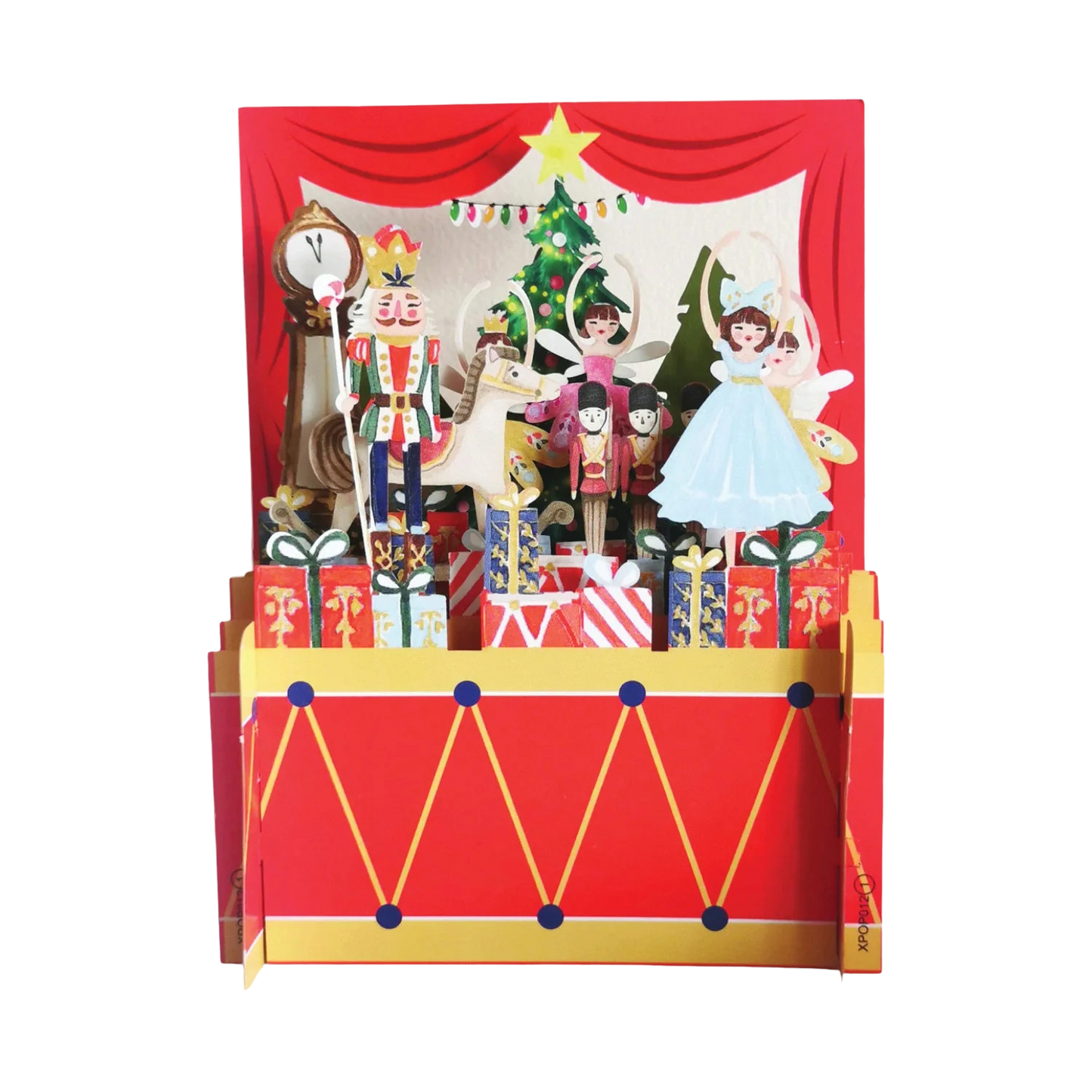 Pop-up Grußkarte mit Nussknacker und Tannenbaum. 